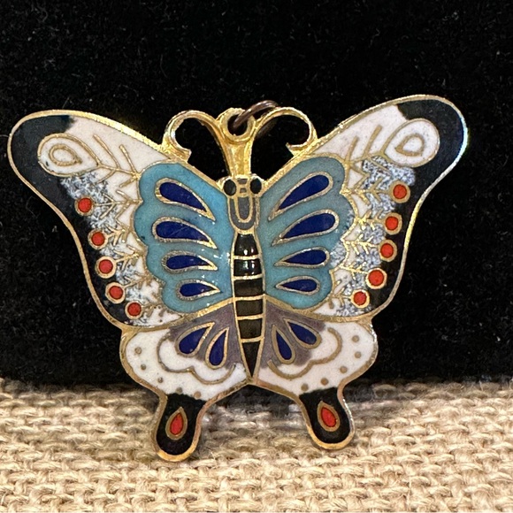 Gorgeous Cloisonne Butterfly Brooch / Pendant- gold tone w/ blue, black, white - Picture 1 of 8